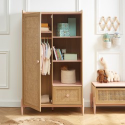 Armoire MAREO rose et cannage rotin 1 porte et 1 tiroir