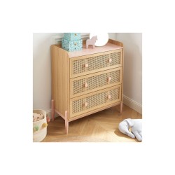 Commode enfant MAREO rose et cannage rotin 3 tiroirs 80cm