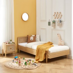 Lit enfant MAREO rose et cannage rotin 90x190 sommier inclus