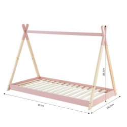 Lit enfant tipi MINTO rose et pin massif 90x190 sommier inclus