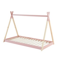 Lit enfant tipi MINTO rose et pin massif 90x190 sommier inclus