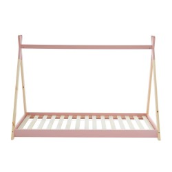 Lit enfant tipi MINTO rose et pin massif 90x190 sommier inclus