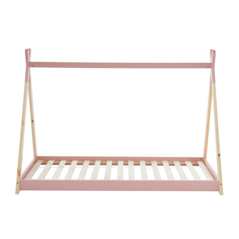 Lit enfant tipi MINTO rose et pin massif 90x190 sommier inclus