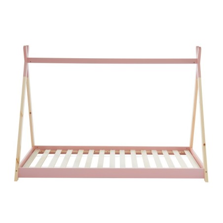 Lit enfant tipi MINTO rose et pin massif 90x190 sommier inclus