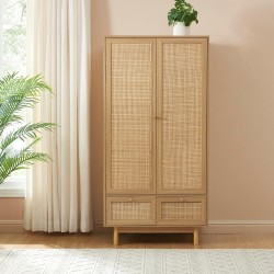 Armoire NALORA effet chêne et cannage rotin 2 portes 90cm