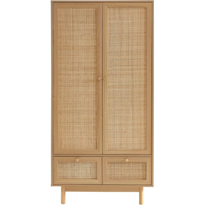 Armoire NALORA effet chêne et cannage rotin 2 portes 90cm