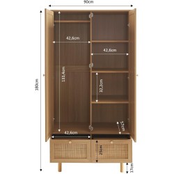 Armoire NALORA effet chêne et cannage rotin 2 portes 90cm