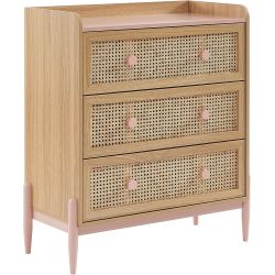 Commode enfant MAREO rose et cannage rotin 3 tiroirs 80cm