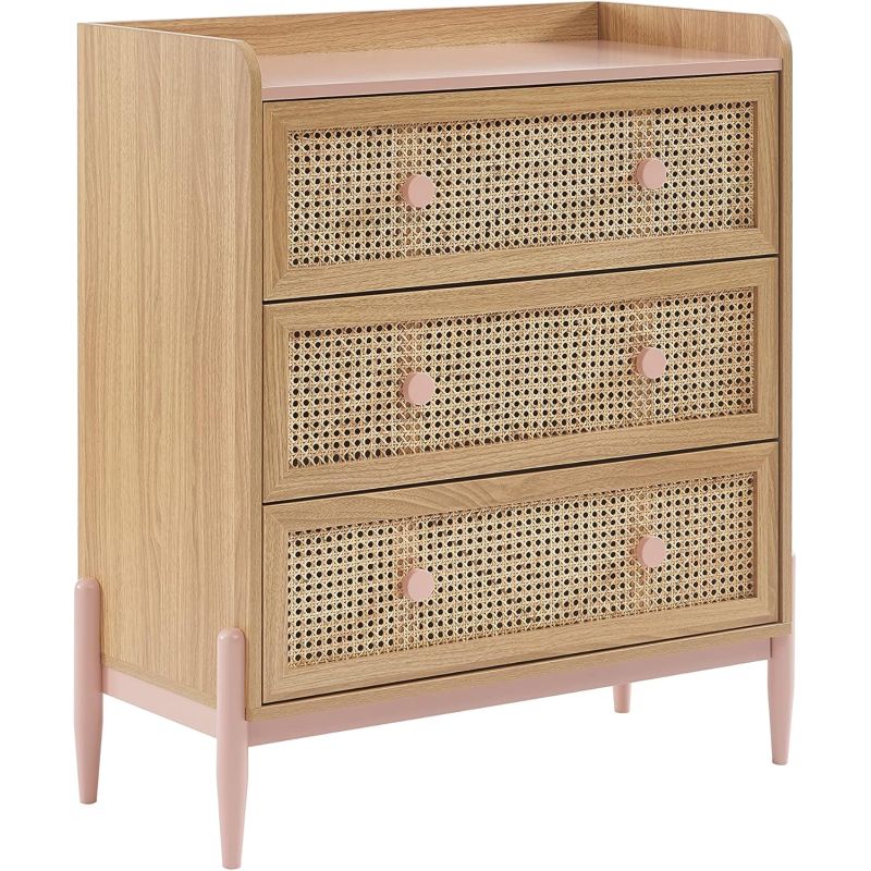 Commode enfant MAREO rose et cannage rotin 3 tiroirs 80cm