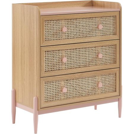 Commode enfant MAREO rose et cannage rotin 3 tiroirs 80cm