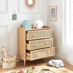 Commode enfant MAREO rose et cannage rotin 3 tiroirs 80cm