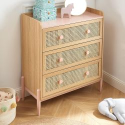 Commode enfant MAREO rose et cannage rotin 3 tiroirs 80cm