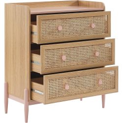 Commode enfant MAREO rose et cannage rotin 3 tiroirs 80cm