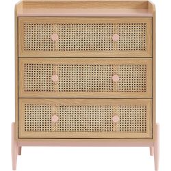 Commode enfant MAREO rose et cannage rotin 3 tiroirs 80cm