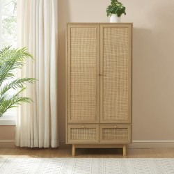 Armoire NALORA effet chêne et cannage rotin 2 portes 90cm