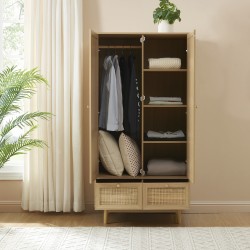 Armoire NALORA effet chêne et cannage rotin 2 portes 90cm