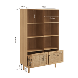 Bibliothèque NALORA effet chêne et cannage rotin 100cm