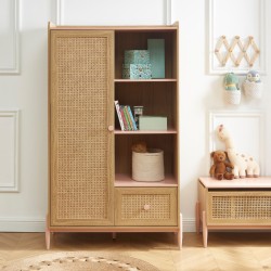Armoire MAREO rose et cannage rotin 1 porte et 1 tiroir