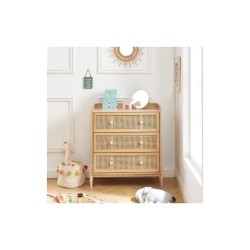 Commode enfant MAREO rose et cannage rotin 3 tiroirs 80cm