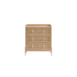 Commode enfant MAREO rose et cannage rotin 3 tiroirs 80cm