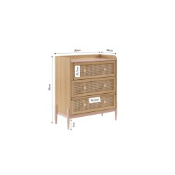 Commode enfant MAREO rose et cannage rotin 3 tiroirs 80cm